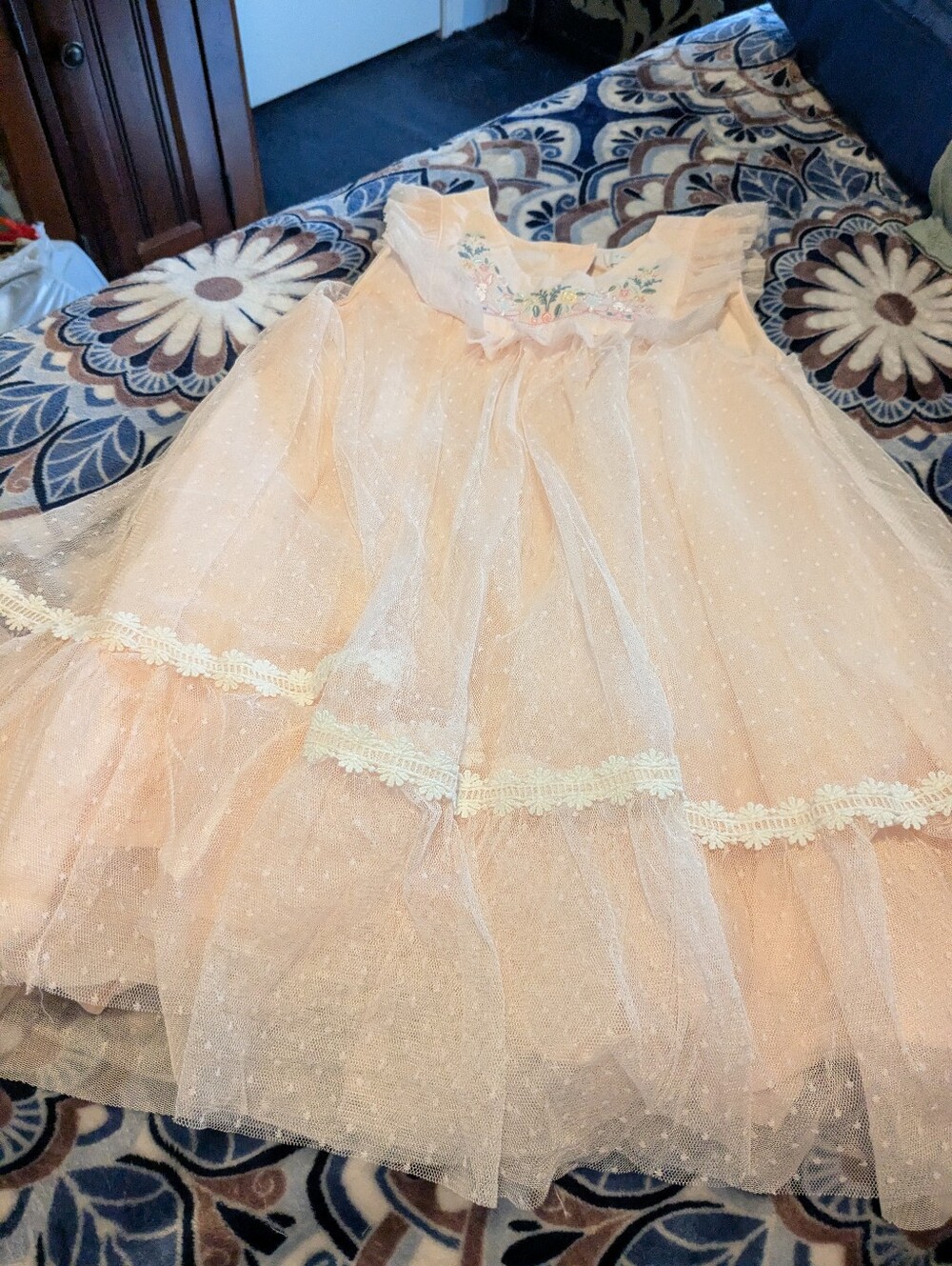 Girls' Peach Tulle Party Dress with Floral Trim